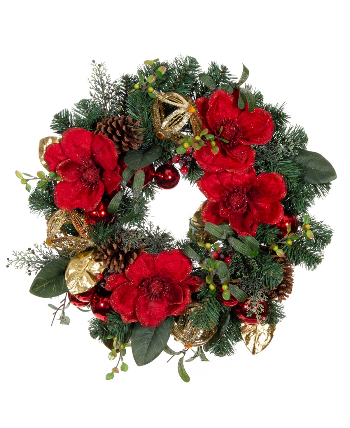 24" Lighted Christmas Wreath, Red Magnolia - Assorted
