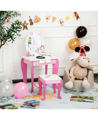 Kids Vanity Makeup Dressing Table Chair Set Wooden