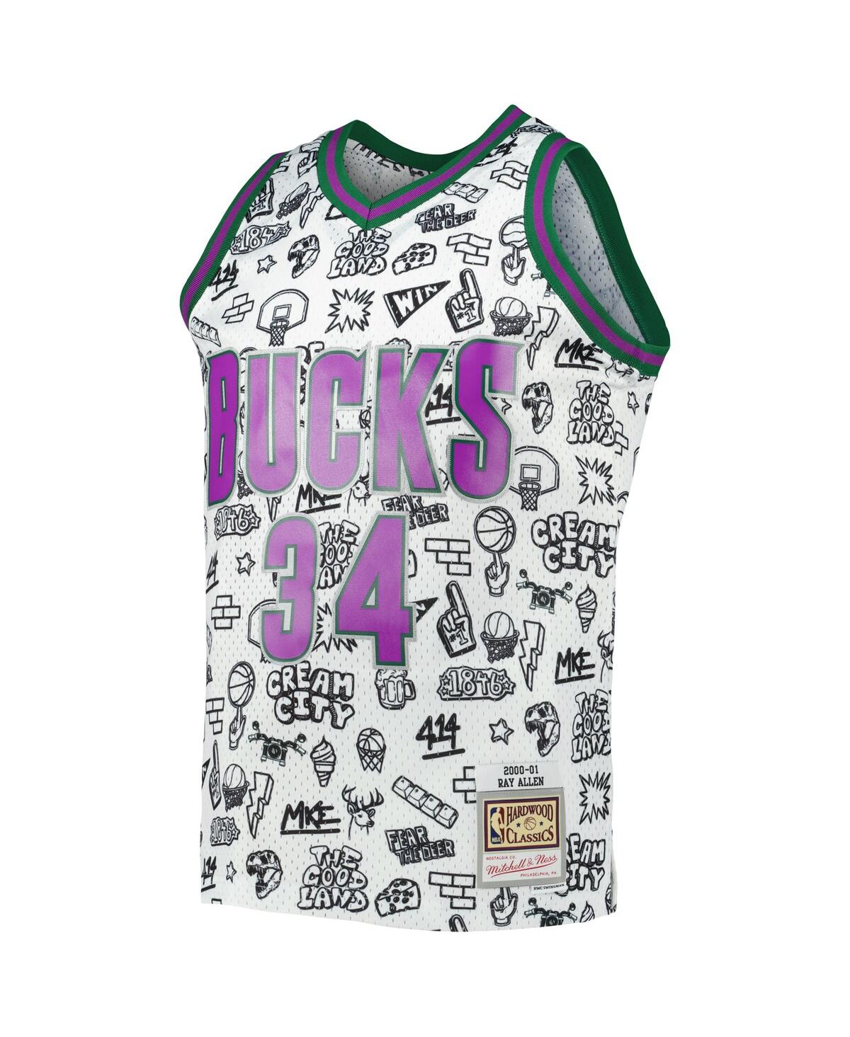 Men's Mitchell & Ness Ray AllenMilwaukee Bucks 2000-01 Hardwood Classics Doodle Swingman Jersey - White
