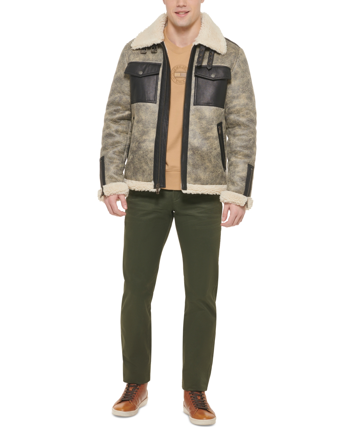 Tommy Hilfiger Men's Faux Leather Shortie Rancher Jacket with Fleece Accents