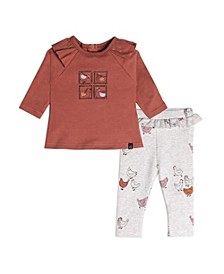 Baby Girl Organic Cotton Top And Pant Set Hen Print Rust And Beige - Infant