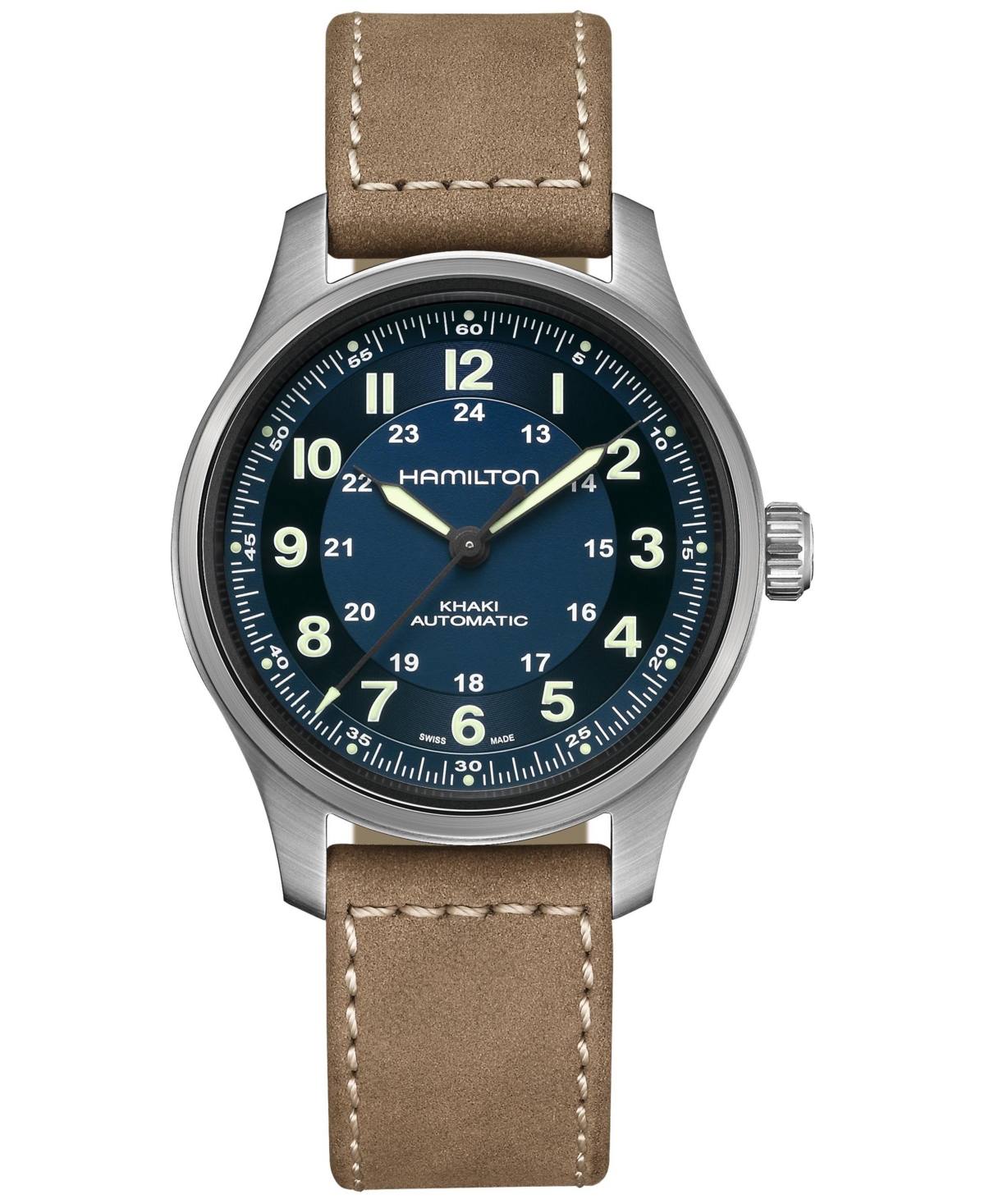 Men's Swiss Automatic Khaki Field Brown Leather Strap Watch 42mm - Blue