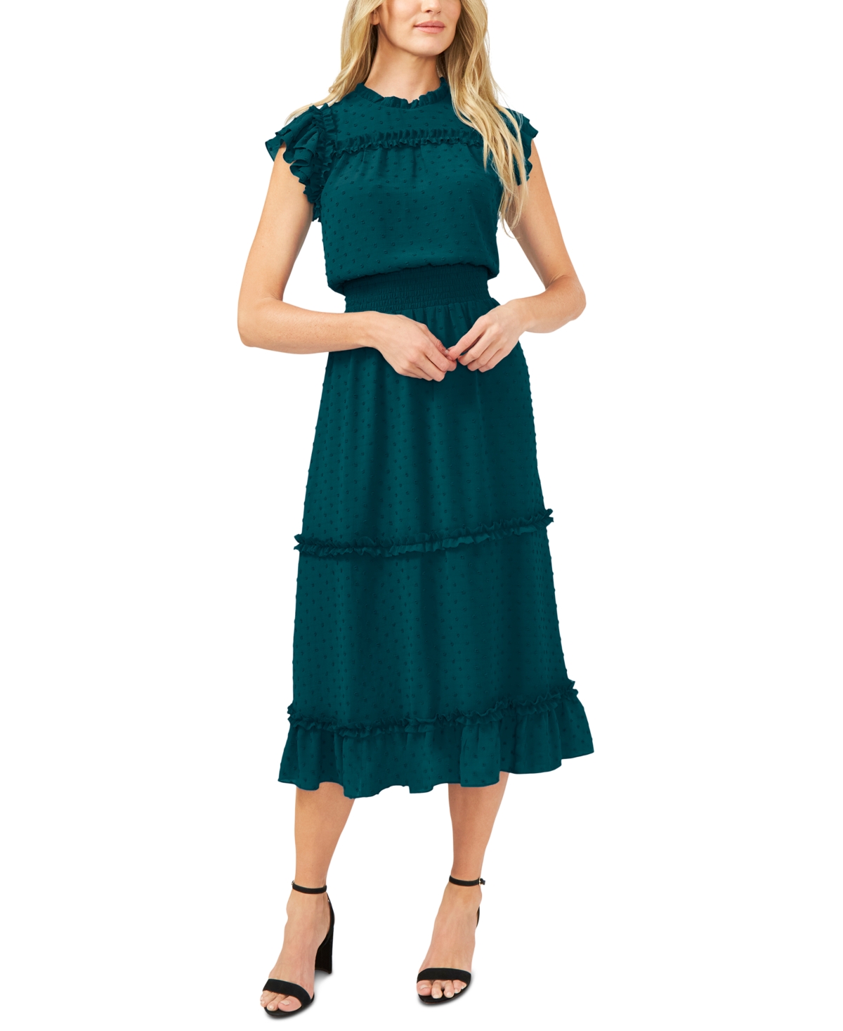 Shop Cece Women's Ruffled Flutter Sleeve Swiss Dot Midi Dress In Peacock Teal