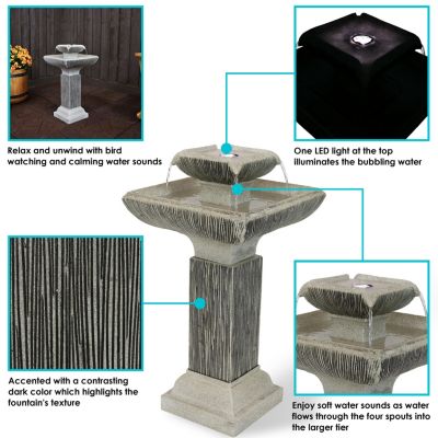 25-Inch Square 2-Tier Outdoor Bird Bath Water Fountain - LED Lights - Electric Submersible Pump with Adjustable Flow