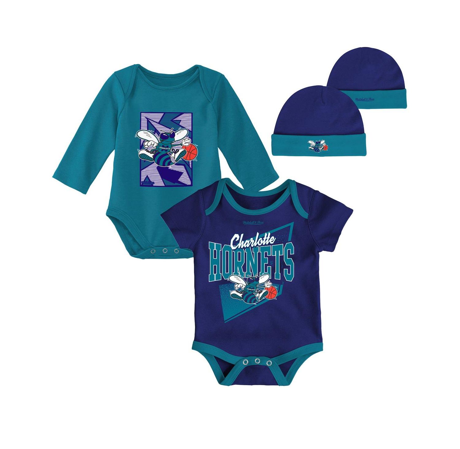 Newborn and Infant Boys and Girls Purple, Teal Charlotte Hornets 3-Piece Hardwood Classics Bodysuits and Cuffed Knit Hat Set