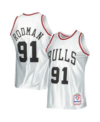 Maglia NBA Chicago Bulls 75° Anniversario Mitchell & Ness – Uomo, Argento, Scollo Rotondo, Rodman 91