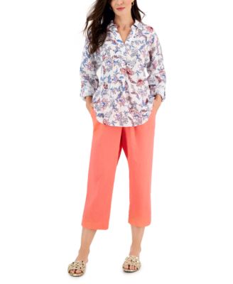 Charter Club Womens Linen Printed Split Neck Top Capri Pants Created For Macys
