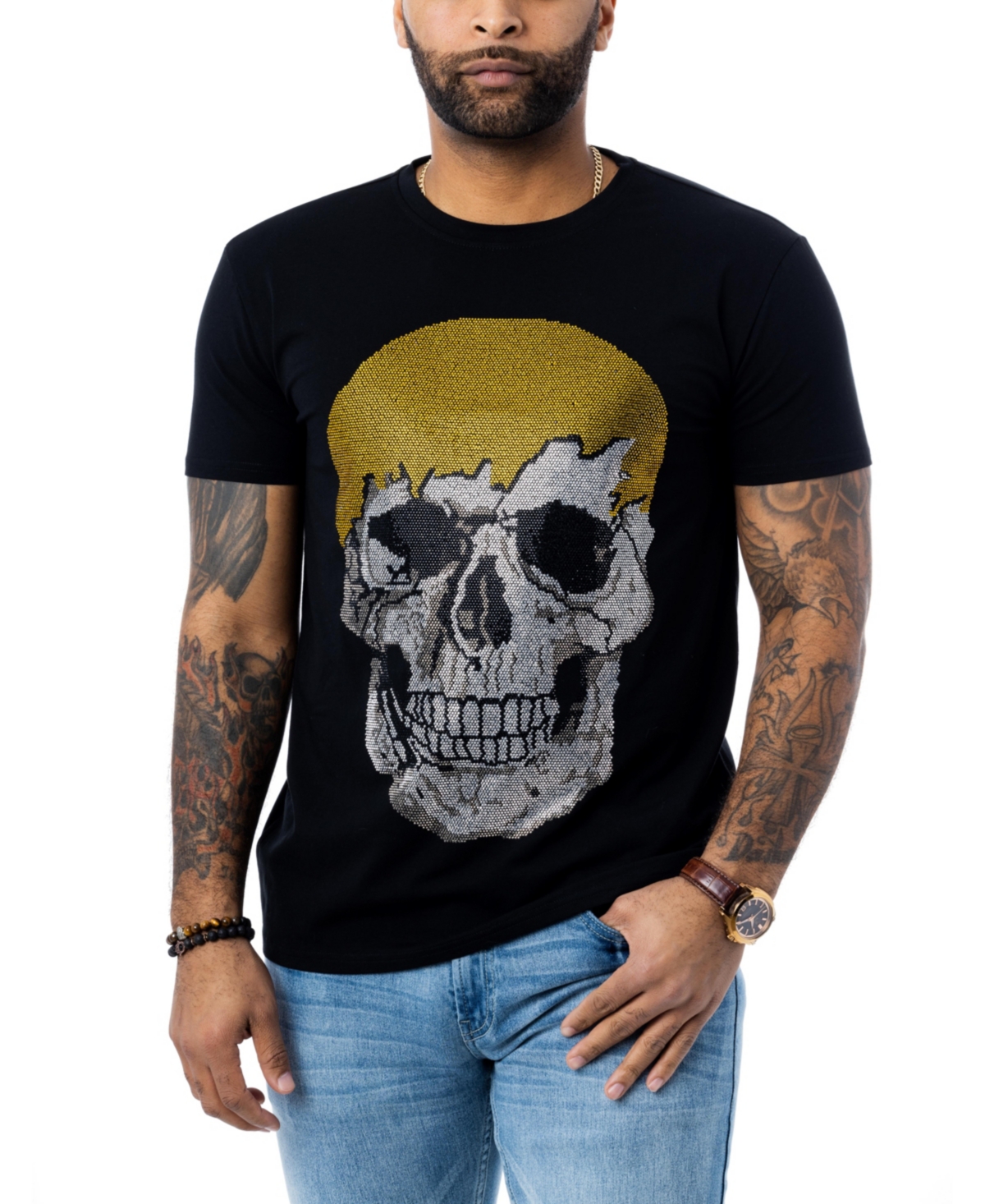 Men's Skull Rhinestone T-shirt - Black Golden Drip Skull