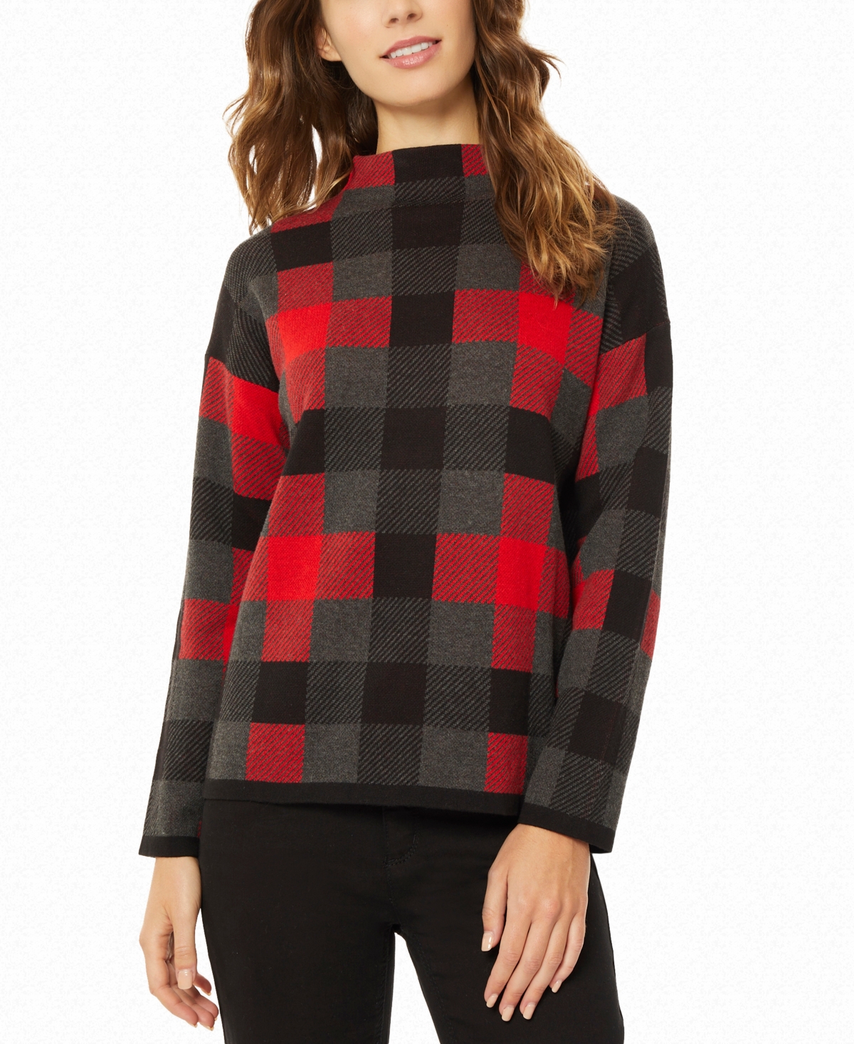 Shop Jones New York Women's Mock Neck Jacquard Sweater In Rouge Combo