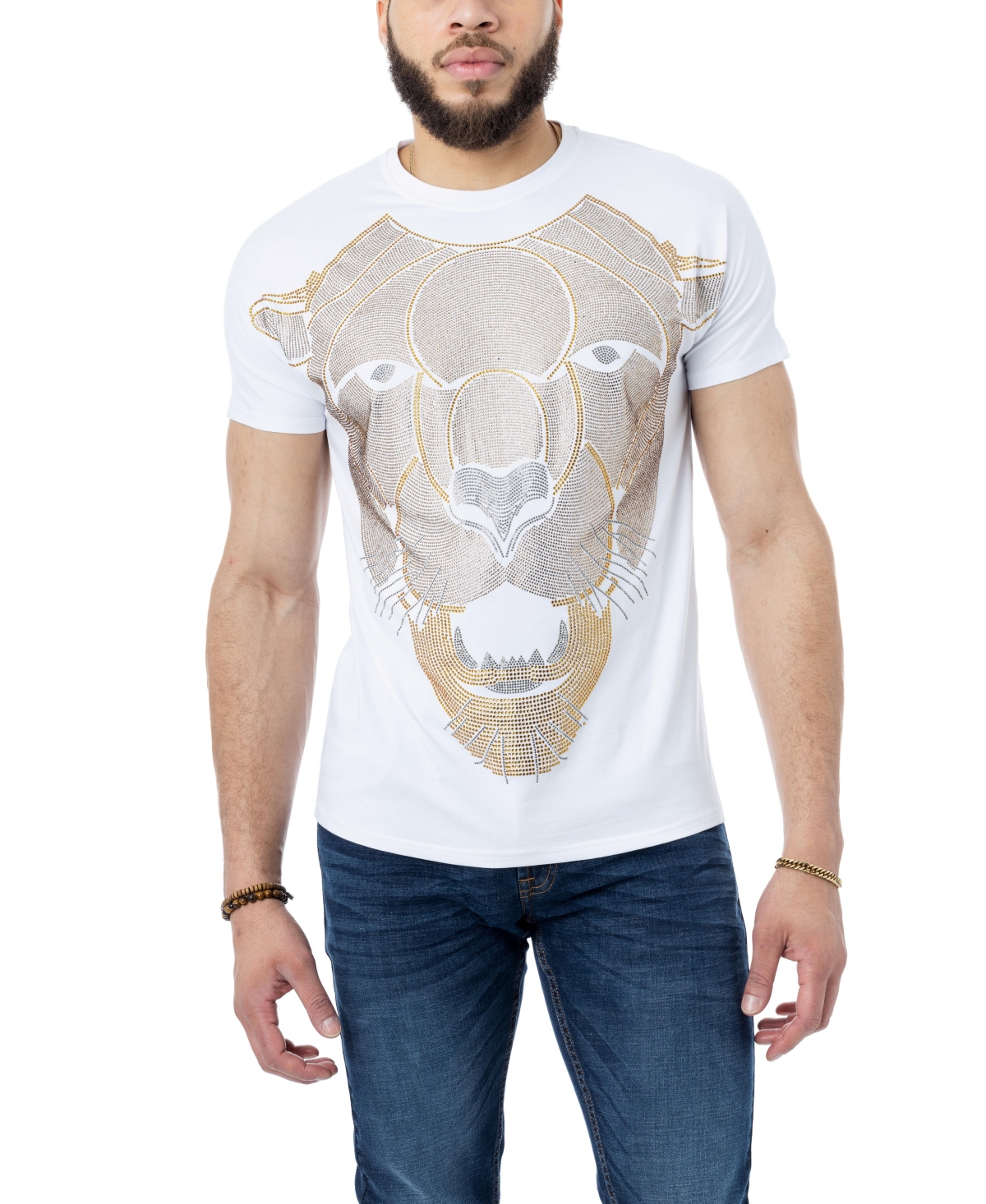 X-ray Men's Animal Rhinestone T-shirt In White Saber Tooth Tiger