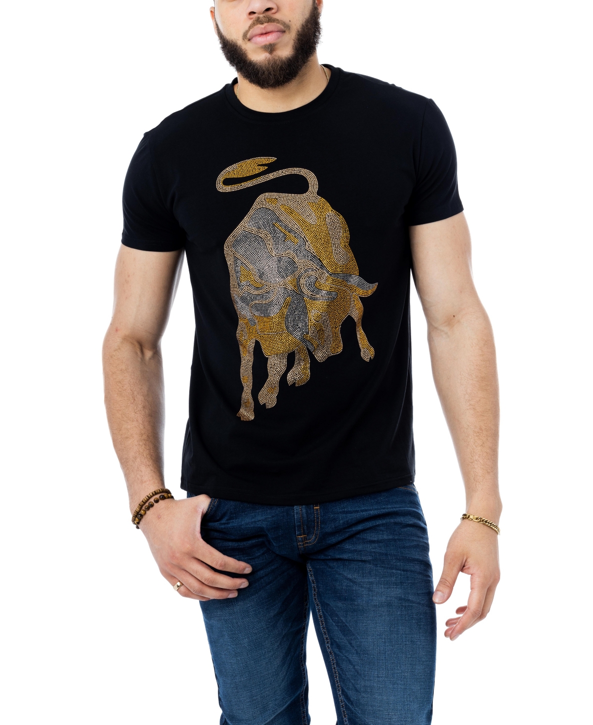 X-ray Men's Animal Rhinestone T-shirt In Black Golden Bull