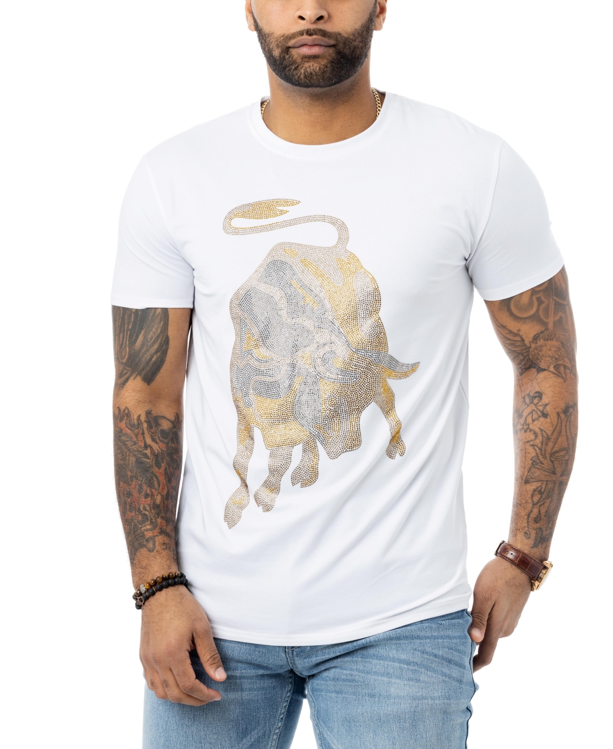 X-ray Men's Animal Rhinestone T-shirt In White Golden Bull