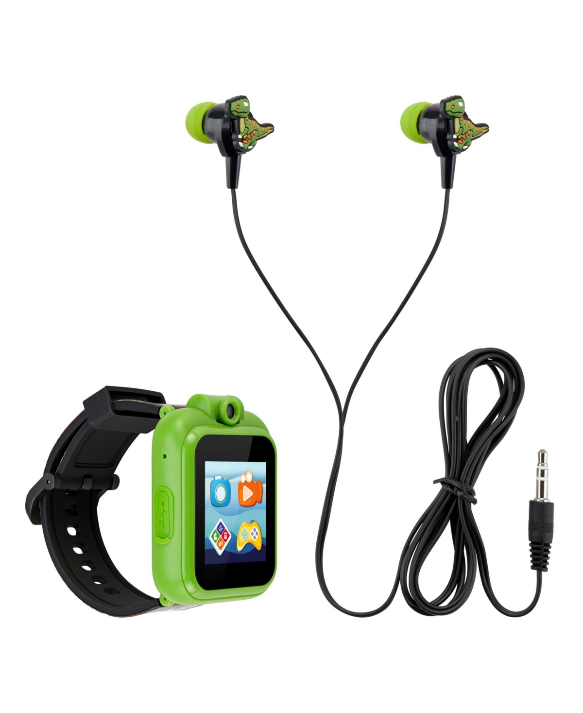 Playzoom Kid'sSilicone Strap Touchscreen Smart Watch with Earbuds Gift Set - Green Dinosaur Rockstar