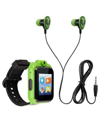 Kid's Black Green Ailen Silicone Strap Touchscreen Smart Watch 42mm with Earbuds Gift Set