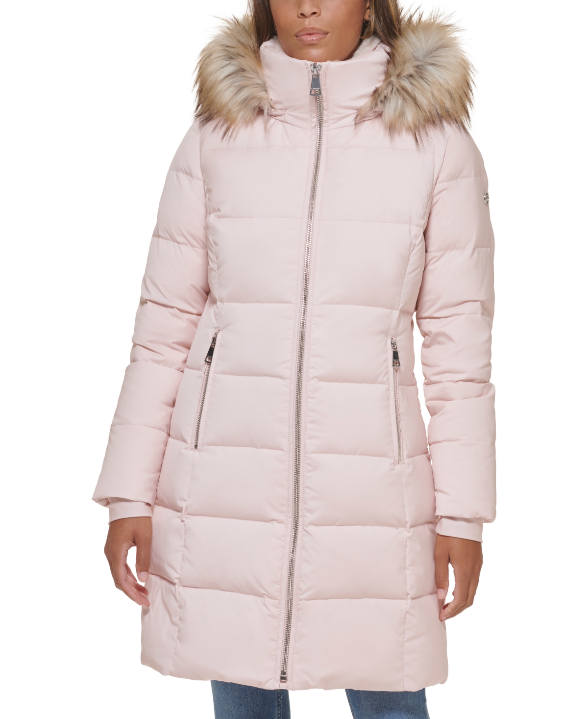 Calvin Klein Women's Faux-fur-trim Hooded Down Puffer Coat In Pink Clay