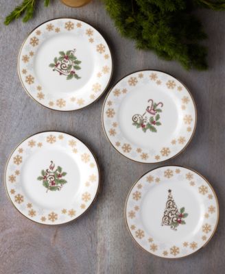 Holly & Berry Gold Set of 4 Holiday Assorted Appetizer Plates, 6.25"