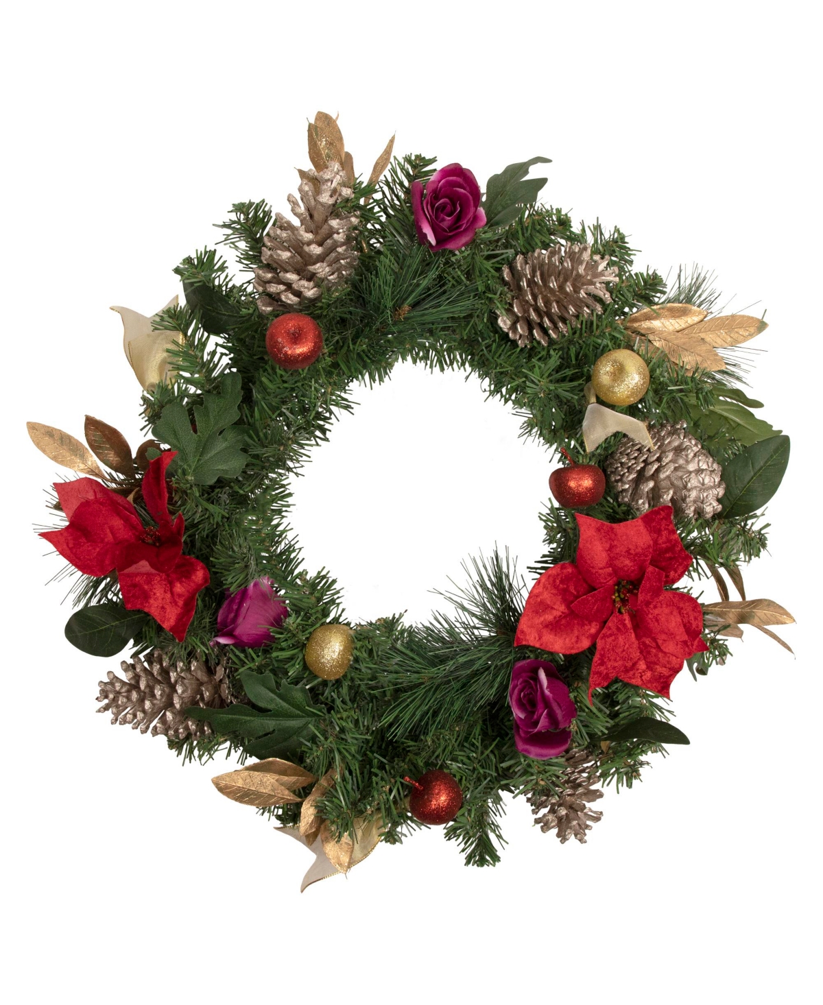Northlight Decorated Poinsettia And Rose Artificial Christmas Wreath Unlit, 24" In Red