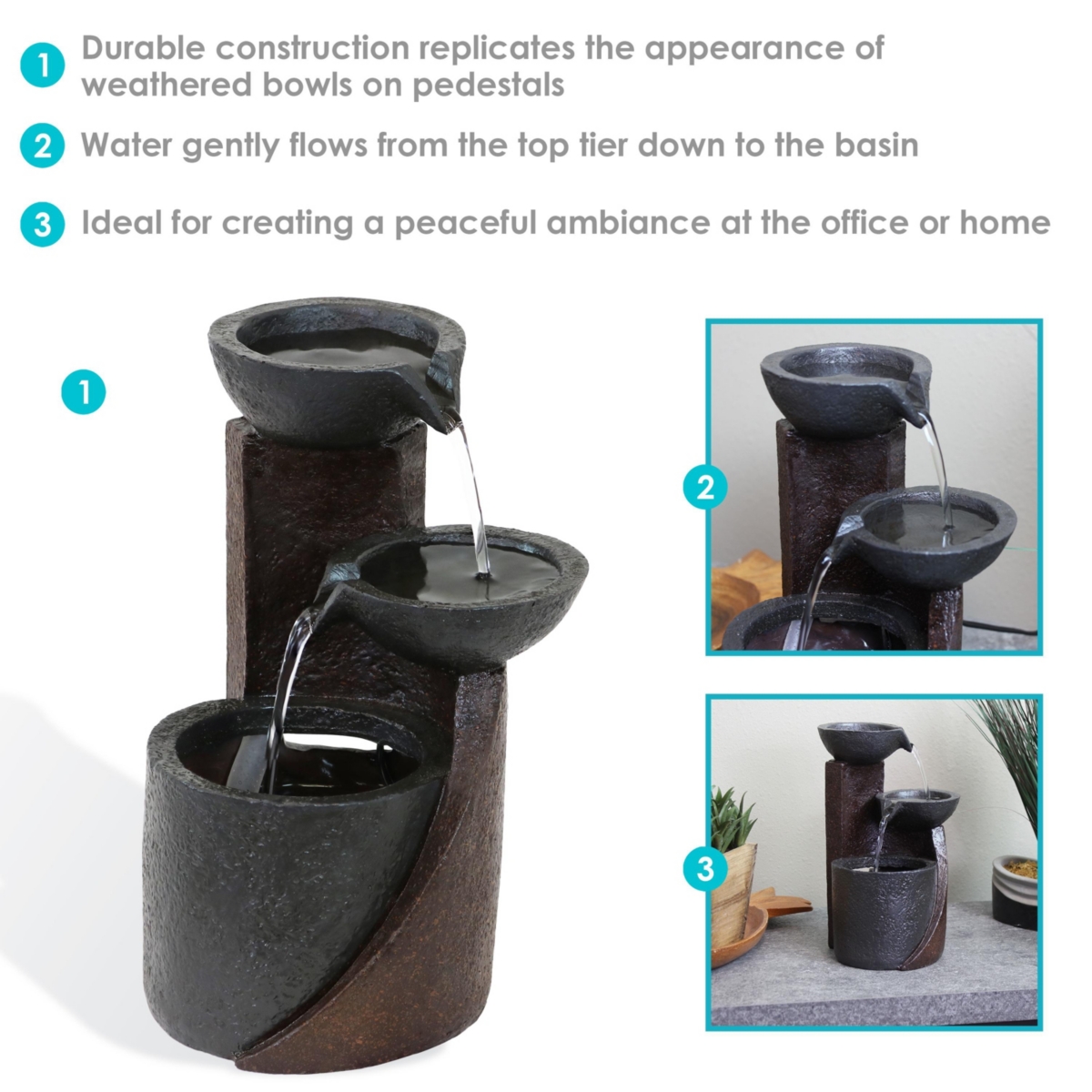 Sunnydaze Decor Descending Bowls Resin Indoor 3-Tier Water Fountain -