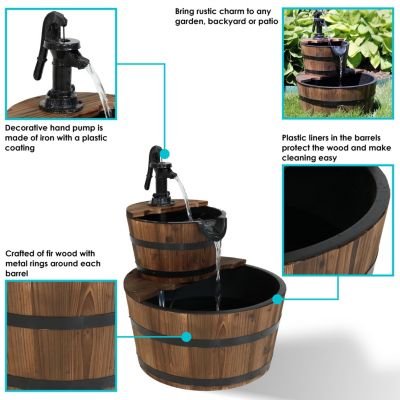 Country Wood Barrel 23-Inch 2-Tier Water Fountain - Electric Submersible Pump