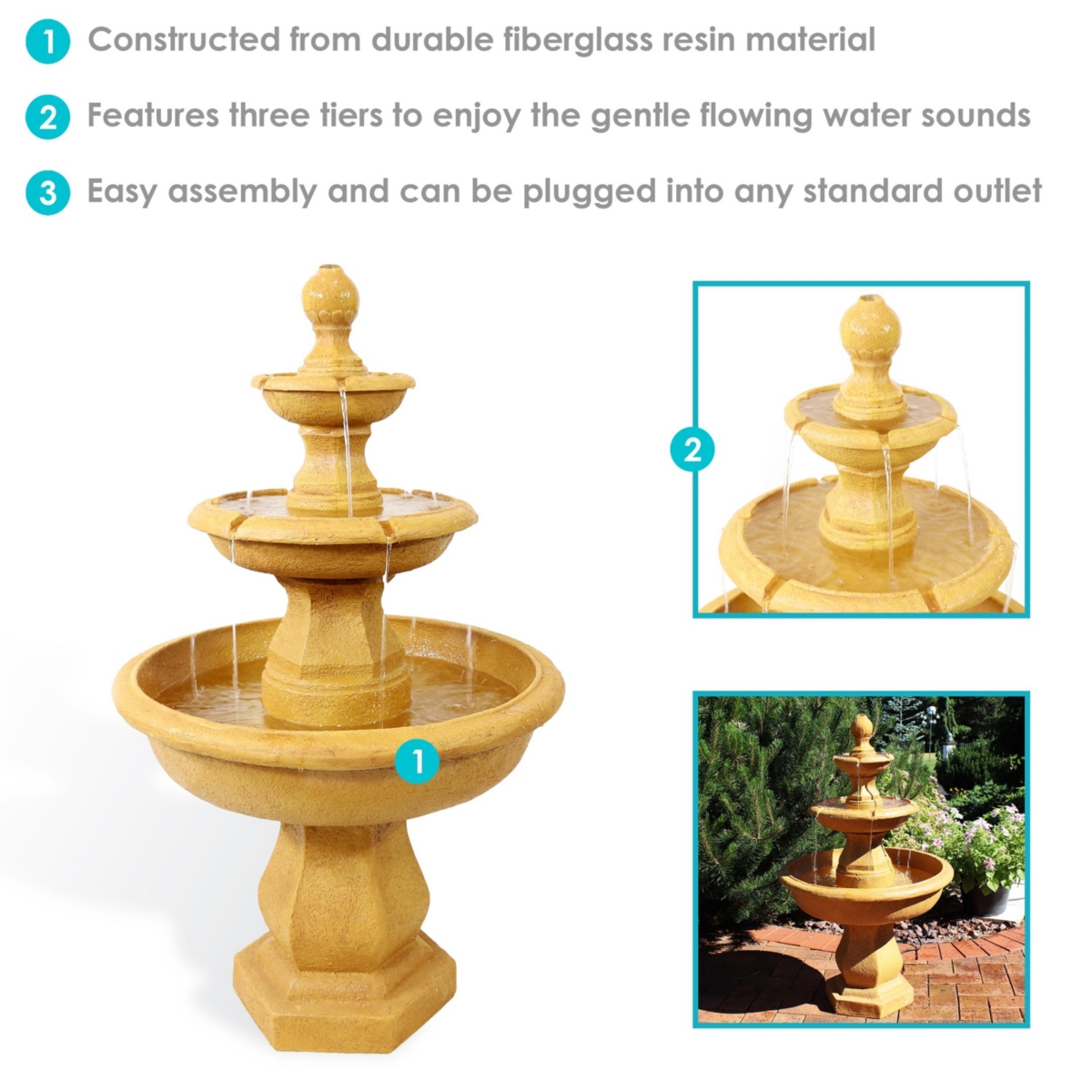 Sunnydaze Decor Tropical Resin Outdoor 3-Tier Electric Water Fountain
