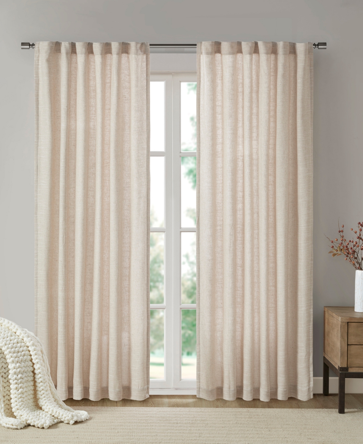 Beals Faux Linen Rod Pocket and Back Tab Fleece Lined Curtain Panel, 50"W x 95"L - Natural