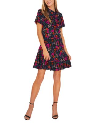 CeCe Women's Floral-Print Tie-Neck A-Line Dress - Macy's