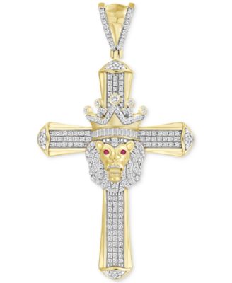 Men's Diamond (3/8 ct. t.w.) & Ruby (1/10 ct. t.w.) Lion Cross Pendant in 10k Gold