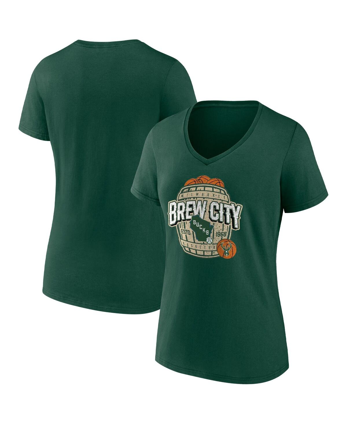 Fanatics Women's  Hunter Green Milwaukee Bucks Hometown Collection Brew City V-neck T-shirt In Hunter Green