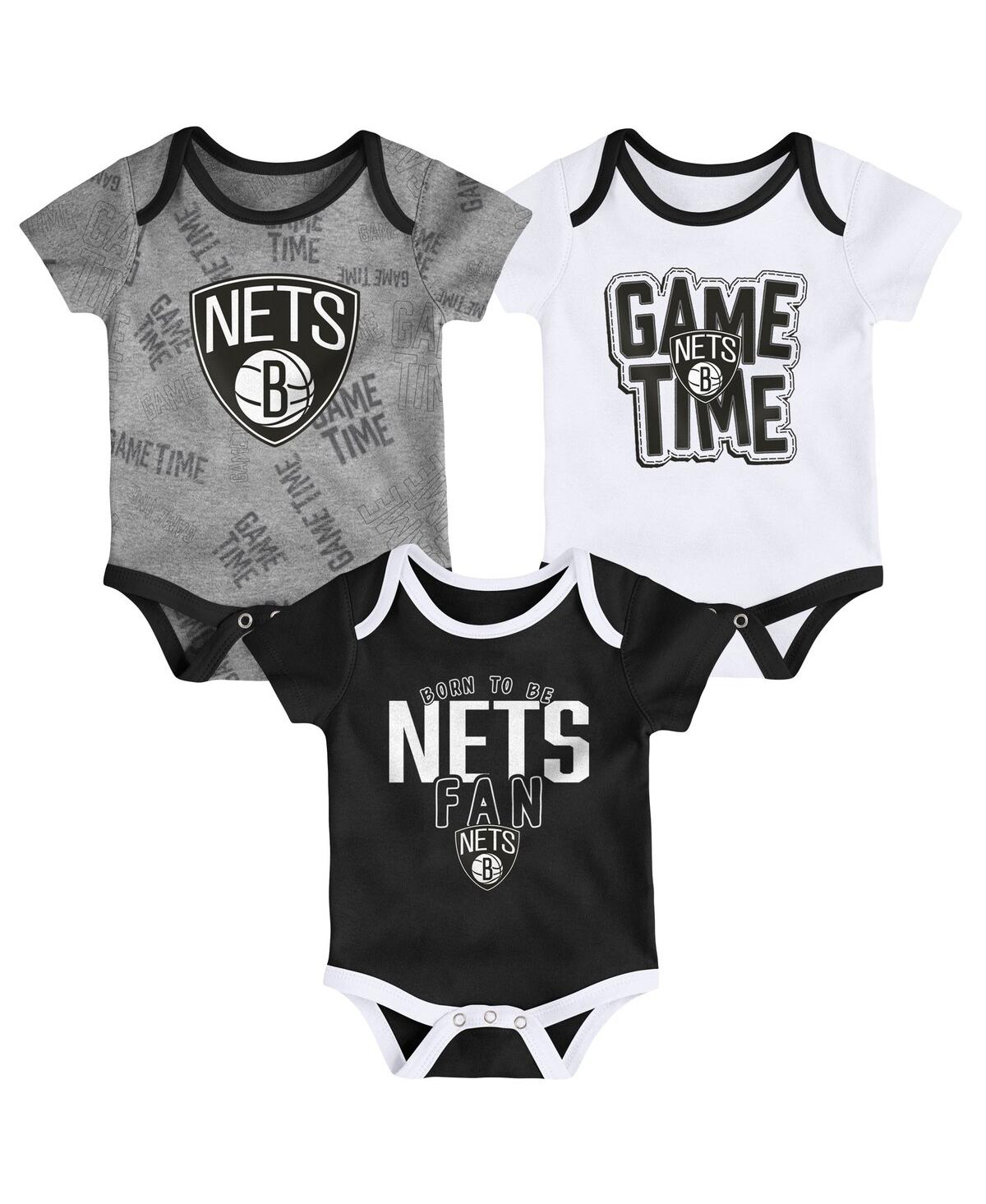 Shop Outerstuff Infant Boys And Girls Black, White, Heathered Gray Brooklyn Nets Game Time Three-piece Bodysuit Set In Black,white,heathered Gray