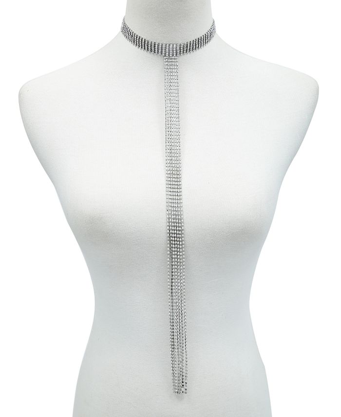 GUESS SilverTone Rhinestone Statement Choker Lariat Necklace, 12" + 3" extender Macy's