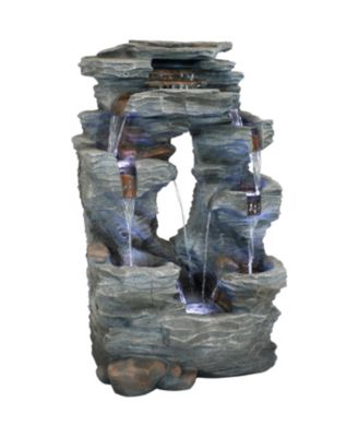 Dual Cascading Rock Falls 39-Inch Outdoor Water Fountain with LED Lights - Electric Submersible Pump