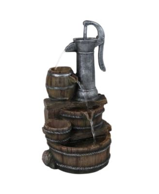 Cozy Farmhouse Pump and Barrels 23-Inch Outdoor Fountain with LED Lights - Polyresin - Electric Submersible Pump