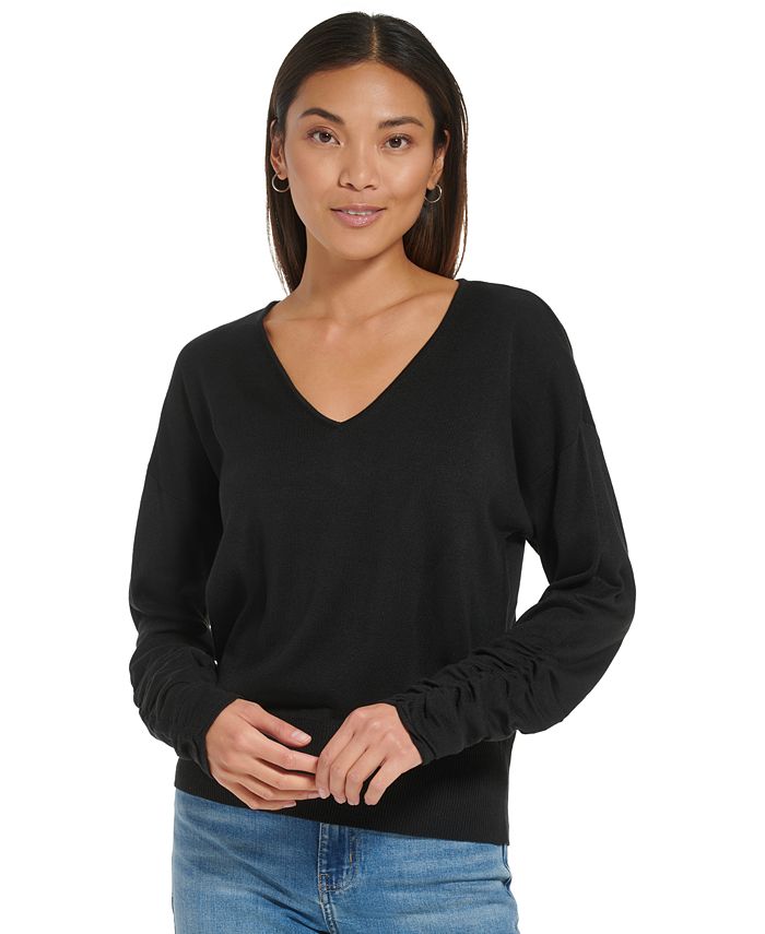 Calvin Klein Women's Ruched Sleeve V-Neck Sweater & Reviews - Sweaters -  Women - Macy's