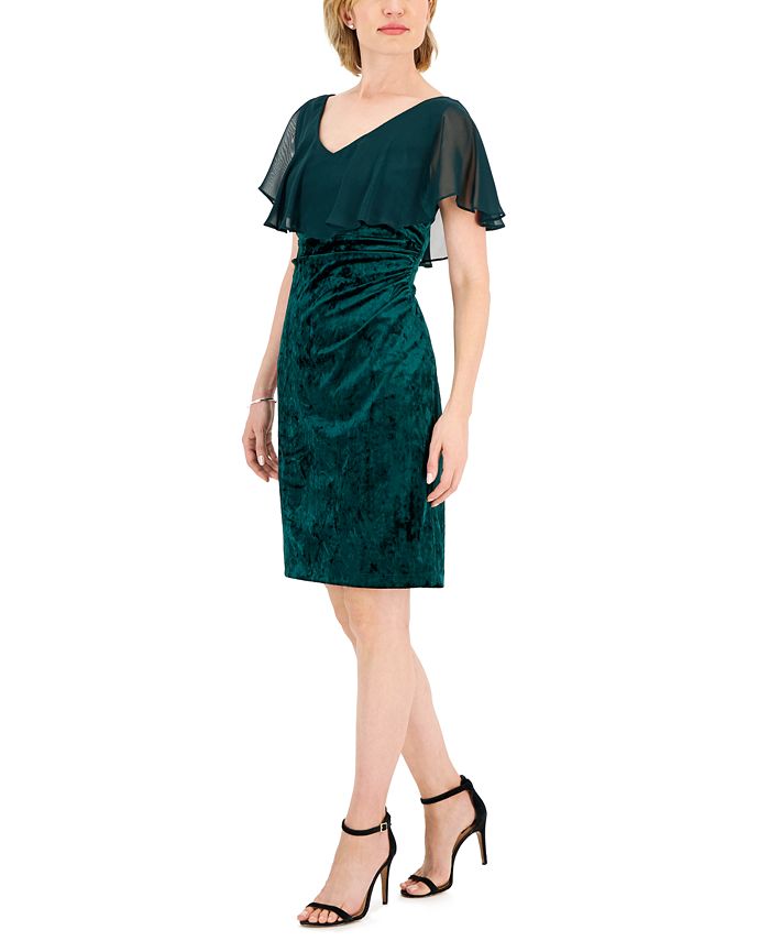 Connected Women's Cape-Overlay Ruched Velvet Dress