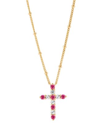 Macy's - Lab-Grown Ruby (1/3 ct. t.w.) & Lab-Grown White Sapphire (1/3 ct. t.w.) Cross Pendant Necklace in 14k Gold-Plated Sterling Silver, 16" + 2" extender