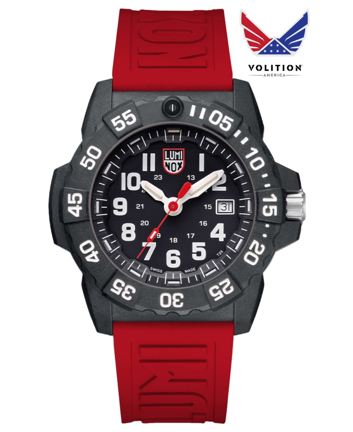Men's Swiss Volition Special Edition Navy Seal Military Dive Red Rubber Strap Watch 45mm
