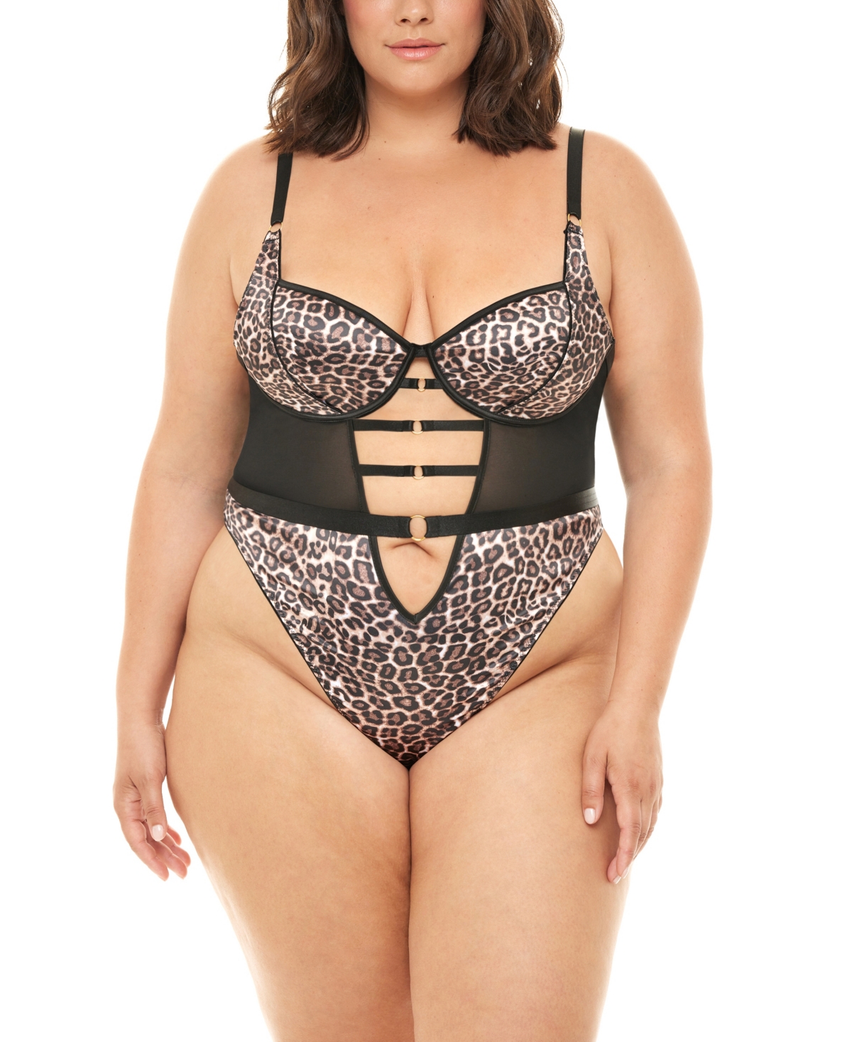 Oh La La Cheri Plus Size JourneePrint Molded Cup Underwire Teddy - Leopard, Black