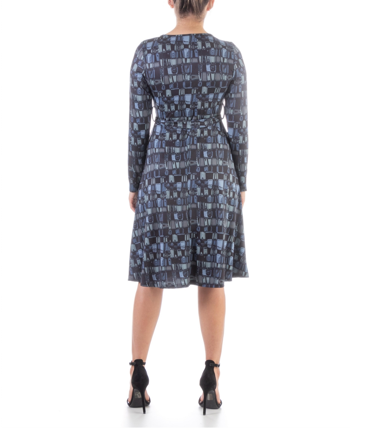24seven Comfort Apparel Women's Long Sleeve Knee Length Faux Wrap Dress - Blue Multi