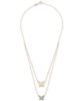 Diamond Pav&eacute; & Polished Butterfly Layered Pendant Necklace (1/6 ct. t.w.) in 10k Gold, 17" + 1" extender, Created for Macy's