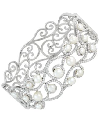 Arabella - Cultured Freshwater Button Pearl (5 - 7-1/2mm) & Cubic Zirconia Filigree Statement Bracelet