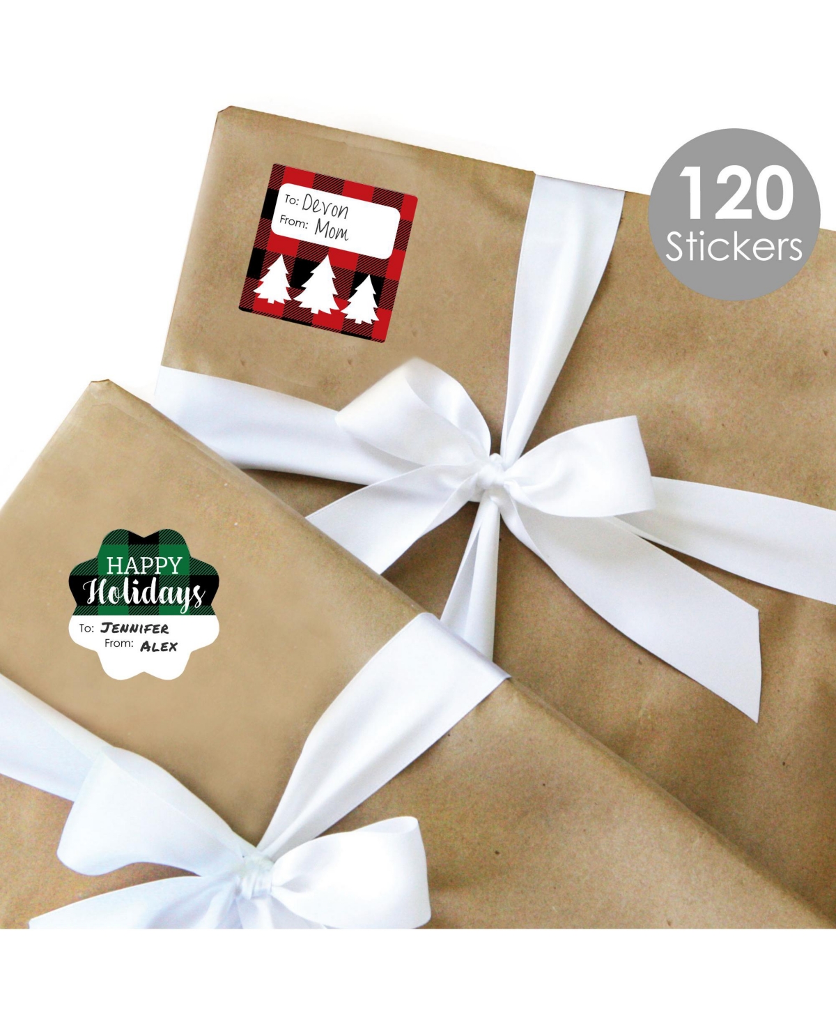 Big Dot of Happiness Holiday Plaid Trees Christmas Party Gift Tag Labels To and From 120 Stickers - Assorted Pre-Pack