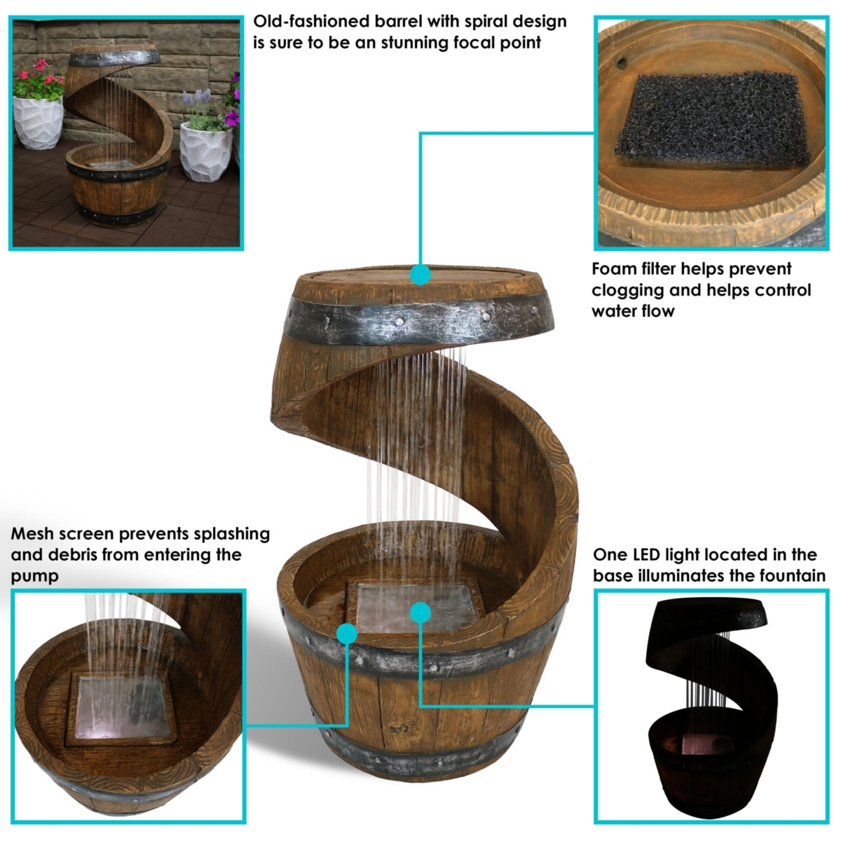 Sunnydaze Decor Spiraling Barrel Outdoor Water Fountain with Led Lights -