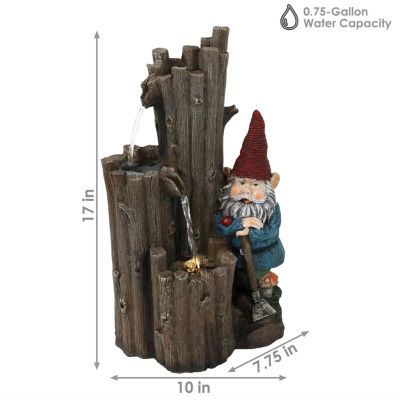 Resting Gnome 17-Inch Outdoor Water Fountain with LED Light - Electric Submersible Fountain - Polyresin