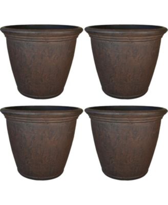 Anjelica 15.25" Double-Walled Polyresin Outdoor Planter Pot - UV-Resistant Rust Finish - Set of 4