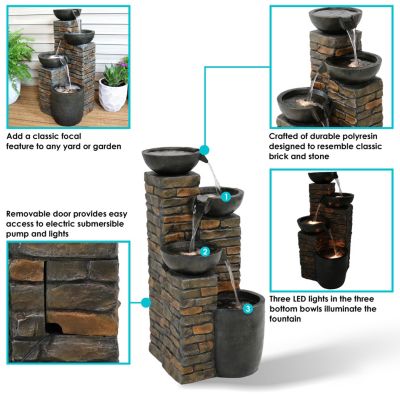 Staggered Bowls 34-Inch Outdoor Water Fountain - LED Lights -Electric Submersible Pump with Adjustable Flow