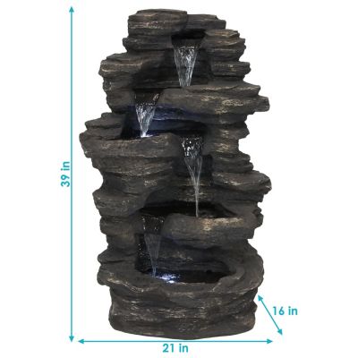 Rock Falls 39-Inch Polystone Outdoor Water Fountain with LED Lights