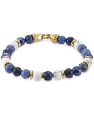 Lapis Lazuli & White Agate Bead Stretch Bracelet in Gold-Tone Ion-Plated Stainless Steel