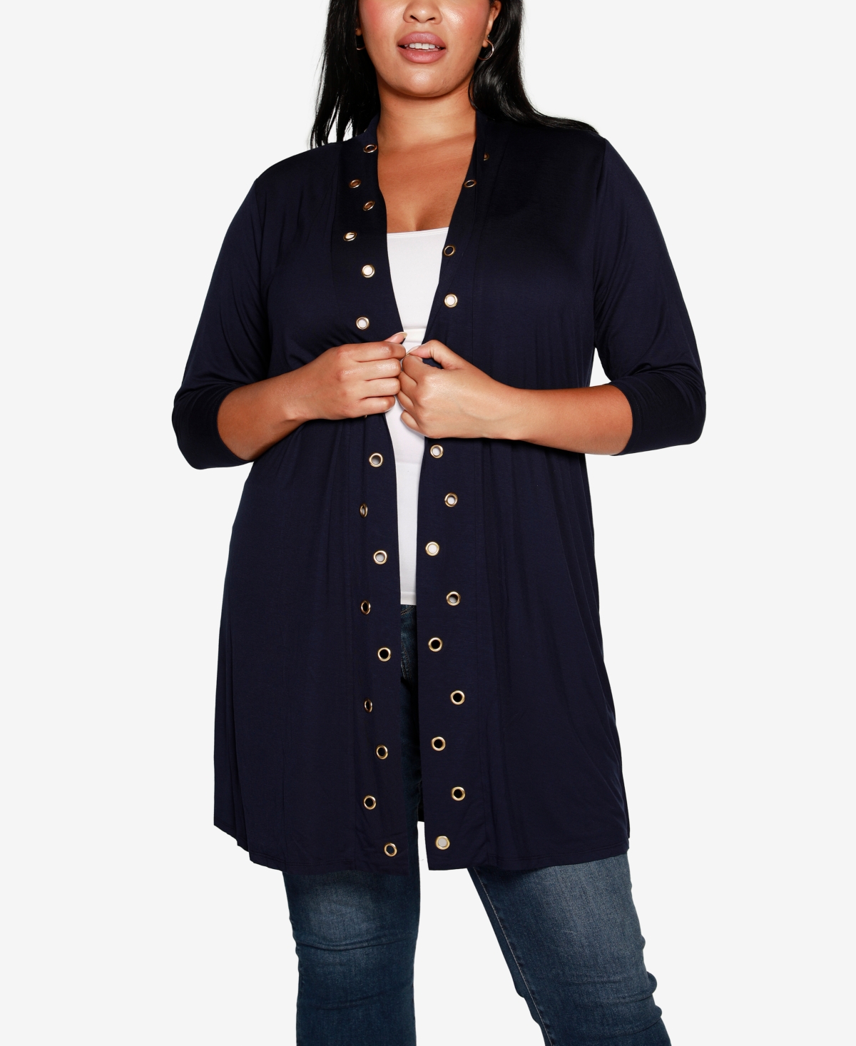 Belldini Plus Size Grommet-trim Duster Cardigan In Navy,gold
