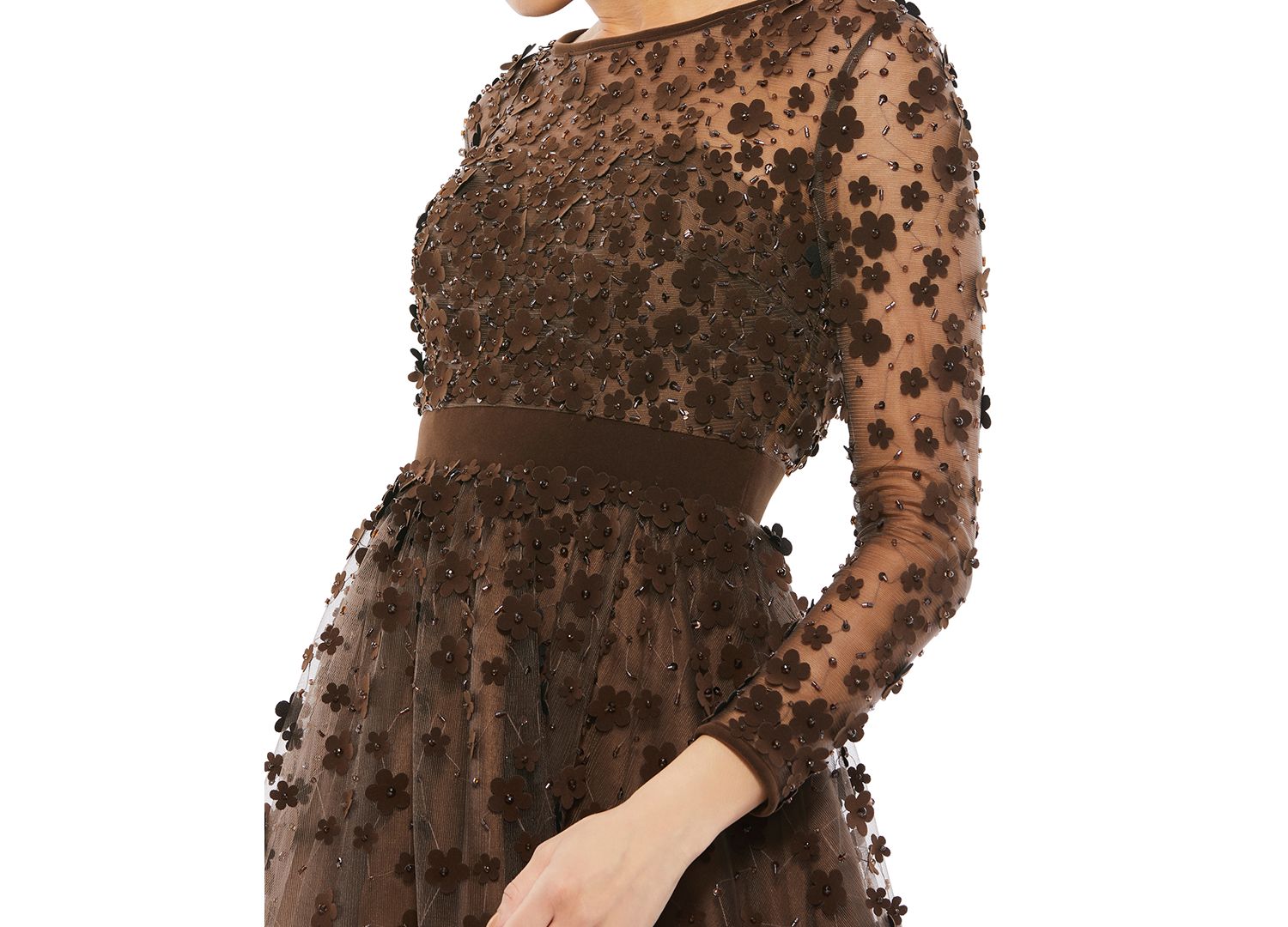 Women's Embellished Illusion High Neck Long Sleeve Fit and Flare