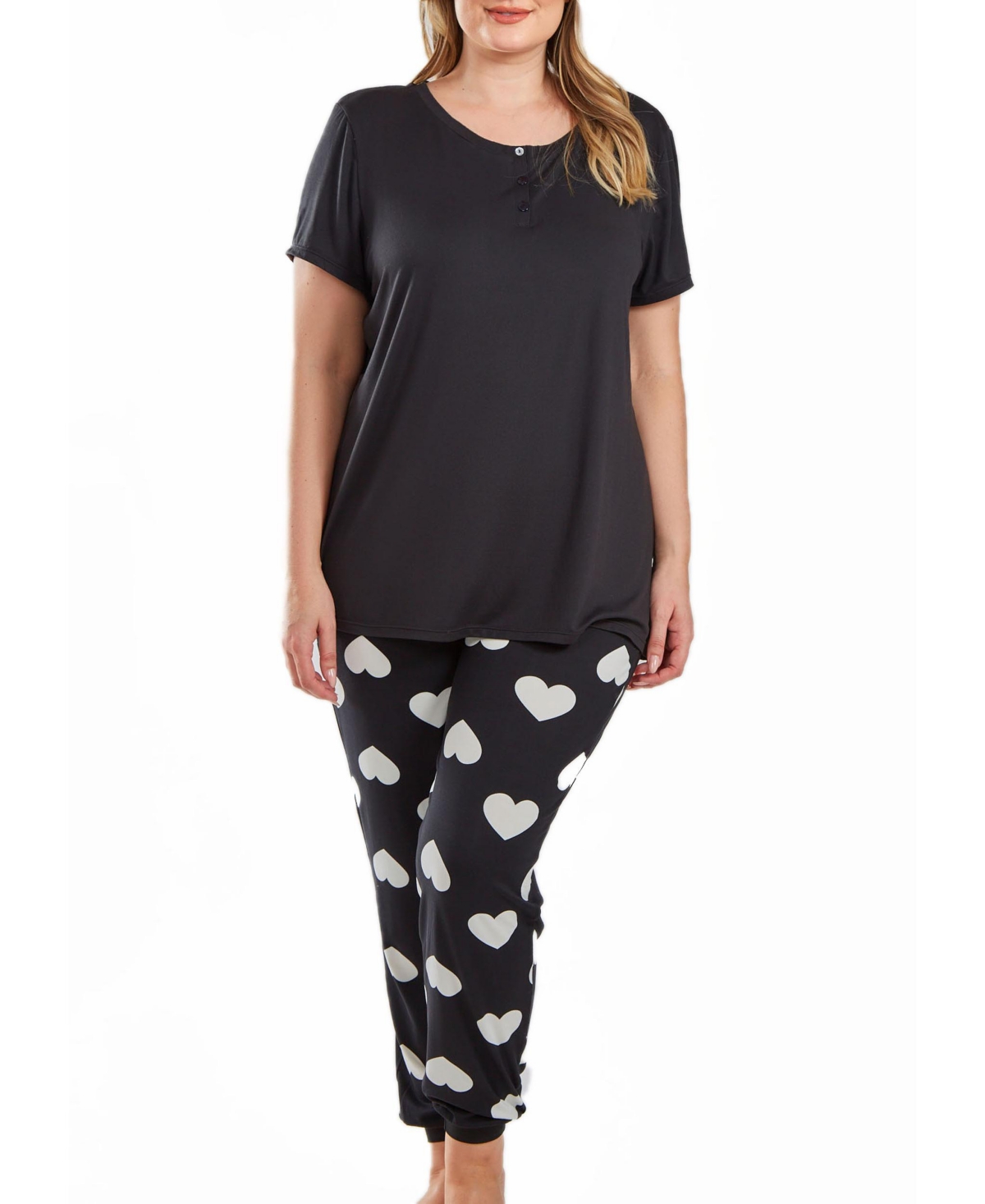 Icollection Kind Heart Plus Size Modal Tee And Jogging Pant Pajama Set In Comfy Cozy Style, 2 Piece In Cream-black
